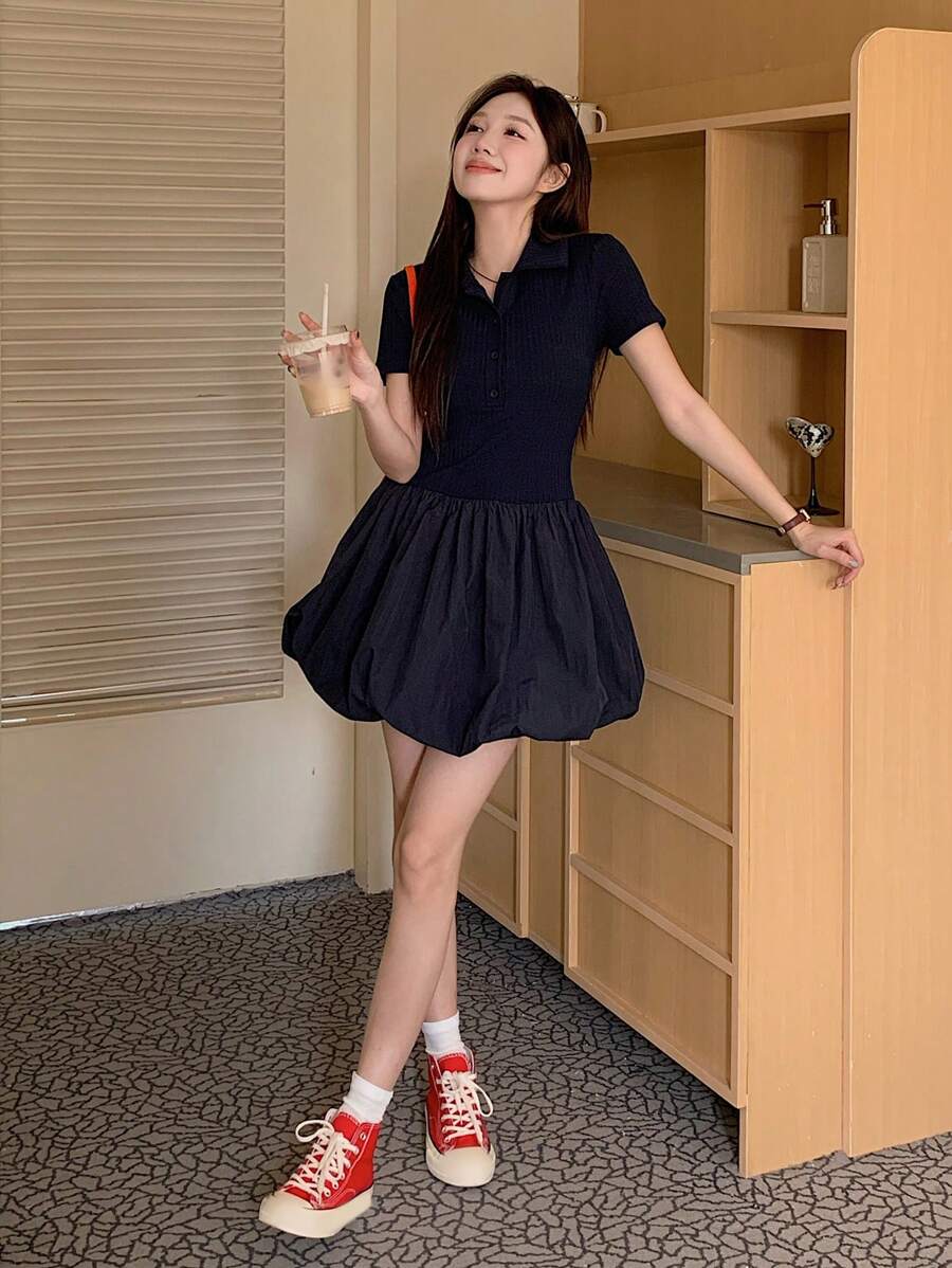 DAZY Women's Fitted Short Bubble Hem Dress Sundress Shirt Dress,Casual Women Dresses - Black - View 1