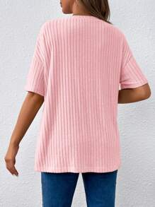 SHEIN 孕妇休闲宽松圆领开衩下摆长款孕妇 T 恤 - 粉色 - 查看 2