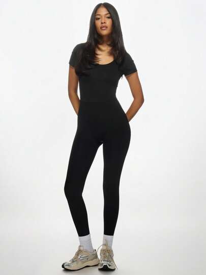 MISSGUIDED 运动表演紧身衣连体裤健身舞蹈芭蕾训练短袖紧身衣带侧袋透气运动服锻炼服装