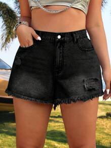 SHEIN ICON Plus Size Denim Shorts, Simple Fashion Casual For Daily Wear - Black - View 1