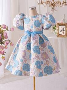 SHEIN Glamorique Kids Tween Girls' Elegant Jacquard Puff Sleeve Summer Party Easter Dress, Suitable For Daily Wear, Parties And Gatherings, Displaying A Noble And Glamorous Quality - Baby Blue - View 9