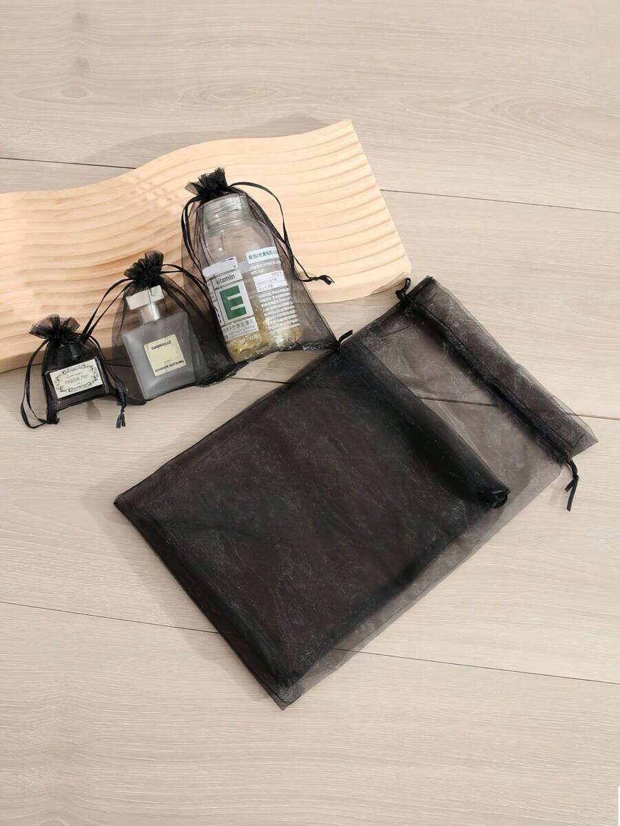 10 件黑色欧根纱珠宝包装袋，S/M/L/XL/XXL 抽绳礼品袋，化妆品和护肤品旅行收纳袋，适用于婚礼派对、生日珠宝礼品袋 - 黑色 - 查看 1