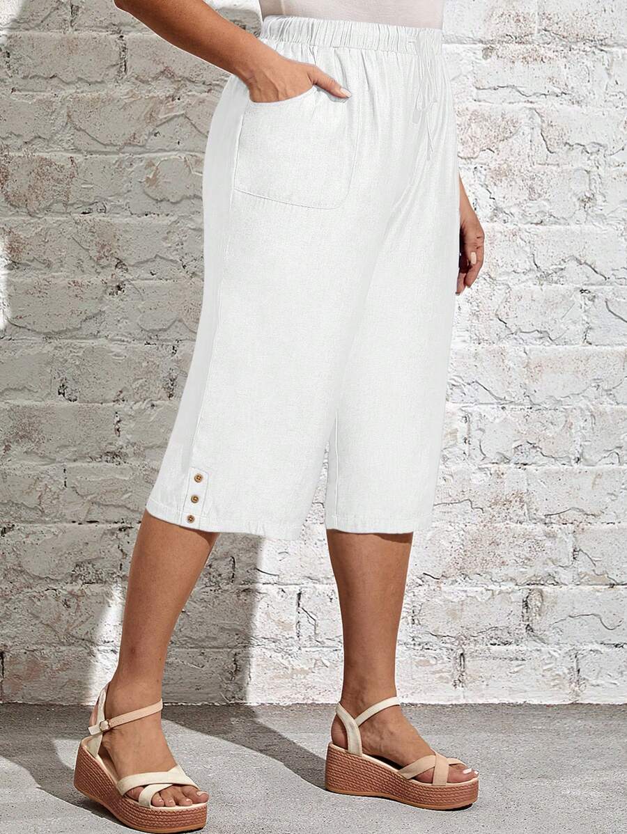 EMERY ROSE 加大码纯色松紧腰口袋简约七分裤，休闲日常穿着乡村春季女装夏季女装波西米亚风女装 - 白色 - 查看 1