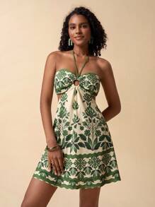 Travachic 女式露背系带休闲热带花卉印花中长连衣裙，夏季度假休闲连衣裙，休闲度假装，夏季度假沙滩裙，女士连衣裙