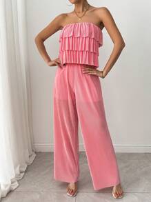 SHEIN Clasi 2pcs/Set Women Solid Color Multi-Layer Ruffle Camisole Top And Pants - Pink - View 4