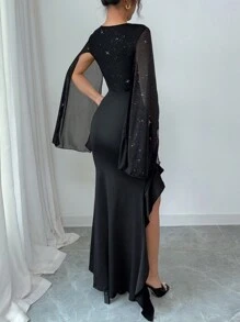 Chiquease Elegantes figurbetontes Meerjungfrauenkleid mit V-Ausschnitt, geripptem Pailletten-Seitenschlitz, Volant-Saum und Pailletten-Mesh-Laternärmeln, für Frühling und Sommer - Schwarz - Übersicht 2