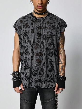 Grunge Punk Men's Grunge Loose Fit Casual Ripped Round Neck Tank Top