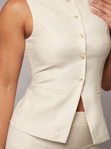 Silquee Women Summer Solid Color Single-Breasted Vest & Pants Suit Office Commuting Set, Autumn/Winter Suit, Spring/Summer Linen Tops + Trousers