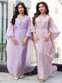 Al Najma Women's Bat-Sleeve Spliced Rhinestones Belted Elegant Turkish Style Dress Kaftan Jalabiya Dress - Mauve Purple - View 6