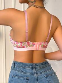 Women's Elegant Pink Floral Knitted Semi-Sheer Contrast Lace Bralette Bra - Pink - View 2