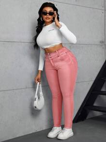 SHEIN SXY 大码女式高腰口袋休闲紧身牛仔裤 - 粉色 - 查看 6