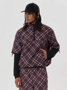 Musero High Neck Nylon Quarter Zip Checkered Double Layer Long Sleeve Top - Multicolor - View 1