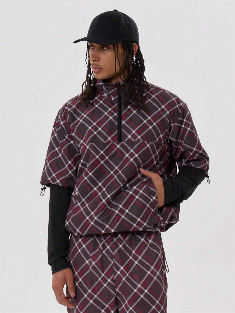 Musero High Neck Nylon Quarter Zip Checkered Double Layer Long Sleeve Top - Multicolor - View 1