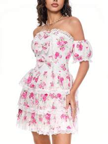 Kawaii Váy ngắn thắt nơ ren họa tiết hoa cho nữ, trang phục mùa hè - Nhiều màu - Xem 3