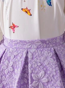 SHEIN Tween Girls Fashionable Jacquard Puff Sleeve Top Paired With Jacquard Mini Skirt, Suitable For Spring/Summer Casual, Party, Gathering To Showcase Tween Girl's Innocent, Stylish And Elegant Elegant