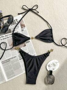 Swim SXY Women's Micro Bikini Vacation Sexy Black Butterfly Chain Casual Two Pieces Swimwear
