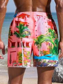 Surfspeed Men's Palm Tree Print Drawstring Waist Loose Beach Shorts Men Swim Trunks - Pink - View 2