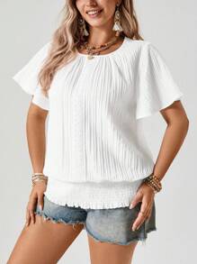 Freevana Plus Size geplooide zoom elastische korte mouwen ronde hals blouse