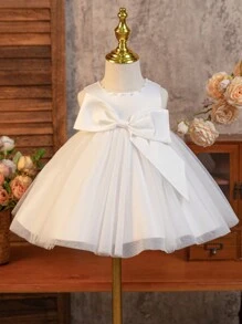 SHEIN Glamorique Kids Baby Girls' Satin Tulle Wedding Party Dress With Bow & Pearl Beaded Floral Applique, Children Party Gown - Beige - View 6