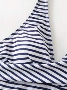 Swim Lushoire 2pcs Mature Women Spring Break Swimsuit, Blue & White Striped Print Solid Color Tankini Top And Boyshort Bottoms, Casual Beach Holiday - Multicolor - View 5