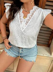 Breezaya Blusa casual de cuello en V con espalda hueca, plisada, con volantes y bordados en talla grande - Blanco - Ver 6