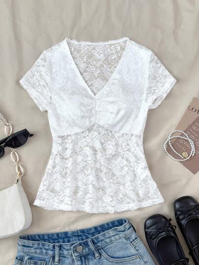 SHEIN Teen Girl White Delicate Lace V-Neck Semi-Sheer Lace Blouse, Elegant Short Sleeve Lace Top, Academic Style