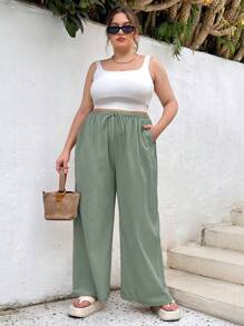 SHEIN Essnce Plus Size Women's Spring And Summer Fashion Casual Loose Comfortable Daily Linen Green Elastic Waist Wide Leg Pants, Holiday Wear,Summer Outfits,Women Bottom,Beach Outfits For Woman,Linen Pants Women