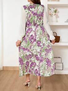 SHEIN Frenchy Robe de femme grande taille élégante et romantique avec impression de surpiqûre, bordure de taille, couleur bloc, col V en mousseline, modeste, convient pour la Saint-Valentin