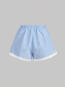 SHEIN MOD Low Waist Front Tied Lace Trim Striped Shorts,Summer Outfits For Women,Baggy,Striped,Vacation,Lace,Going Out Shorts