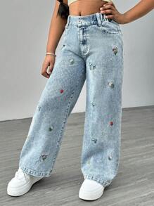 SHEIN Sparklyn Tween Girl Casual Jeans With Front Buttons, Pockets & Floral Embroidery - Medium Wash - View 3