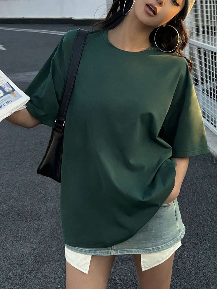 Women's Solid Color Round Neck Dropped Shoulder Casual T-Shirt Oversized T-Shirt Preppy Tops Easter