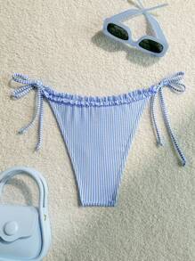 SHEIN Swim Women's Simple Casual Daily Striped Tie Side Bikini Swimwear Bottom, For Summer Beach Vacation - Blue and White - View 2