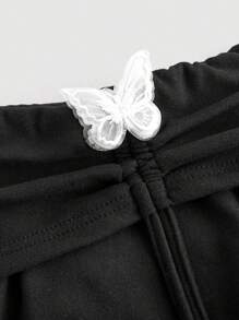 SHEIN MOD Plus Size Women Black Off Shoulder Butterfly Pattern Flare Sleeve T-Shirt - Black - View 3