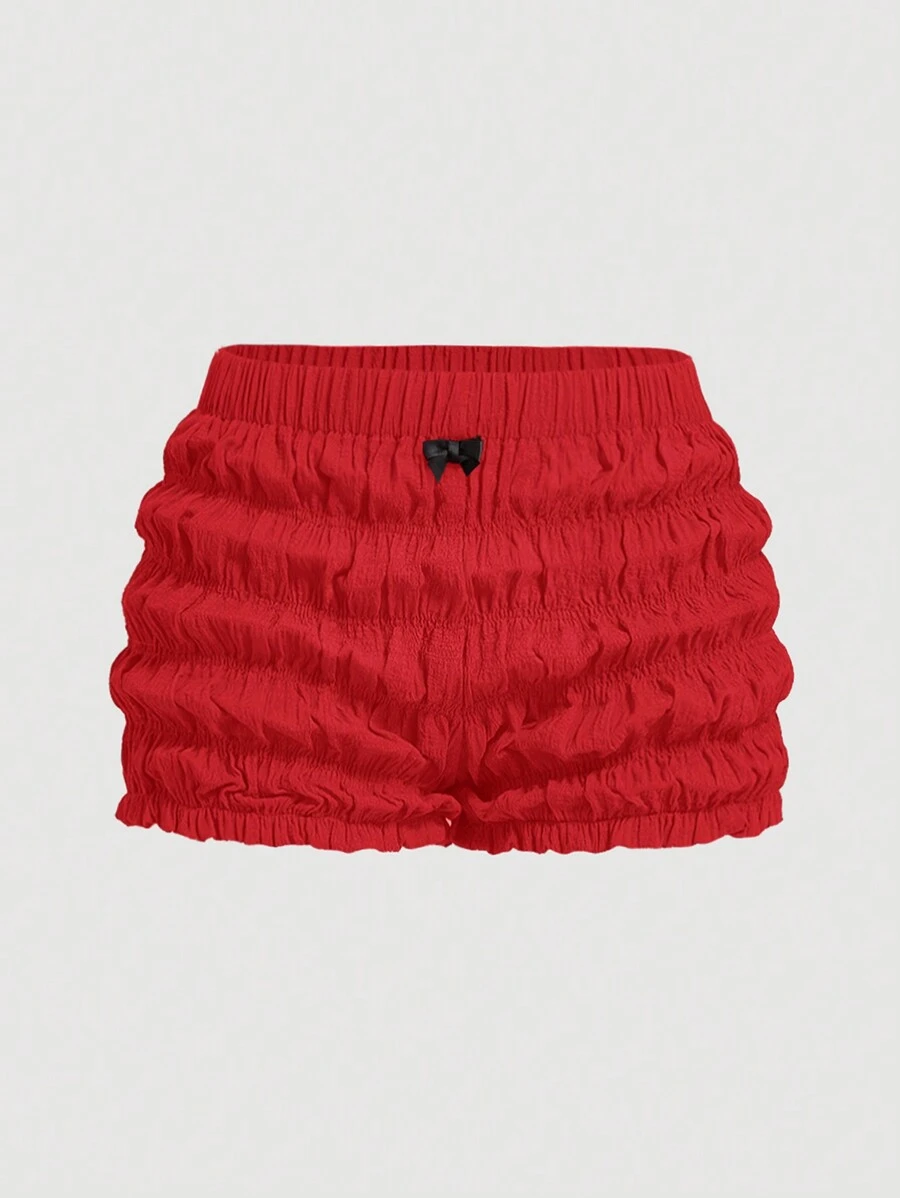 SHEIN MOD Shorts mini con volantes y moño estilo kawaii para mujer talla grande - Rojo - Ver 1