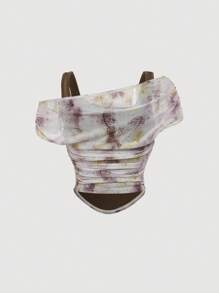 SHEIN MOD Solid Color Cami With Tie Dye & Butterfly Pattern Mesh Overlay Apricot Women's Blouse, Boho Style, Western Style, Holiday, Picnic, Beach,Valentines Clothes,Vacation Outfits Woman,Summer Outfits For Women,Beach Outfits For Woman,Mardi Gras,Summer Tops Women,Coquette,Rave Outfits Festival