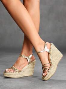 CUCCOO SZL Women's Fashion Gold Thin Strap Ankle Wrap Raffia Rope Platform Wedge Sandals, For Commuting, Dating, Party, Holiday - Gold - View 5