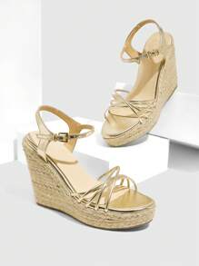 CUCCOO SZL Women's Fashion Gold Thin Strap Ankle Wrap Raffia Rope Platform Wedge Sandals, For Commuting, Dating, Party, Holiday - Gold - View 4