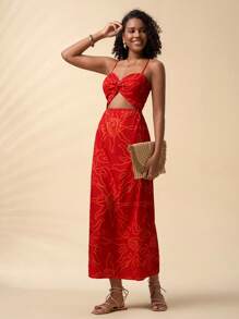 Travachic Vestido sin mangas con espalda abierta y estampado floral rojo para mujer