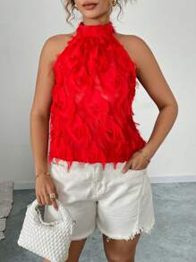 Celure Plus Size Solid Color Stand Collar Sleeveless Fringed Casual Camisole