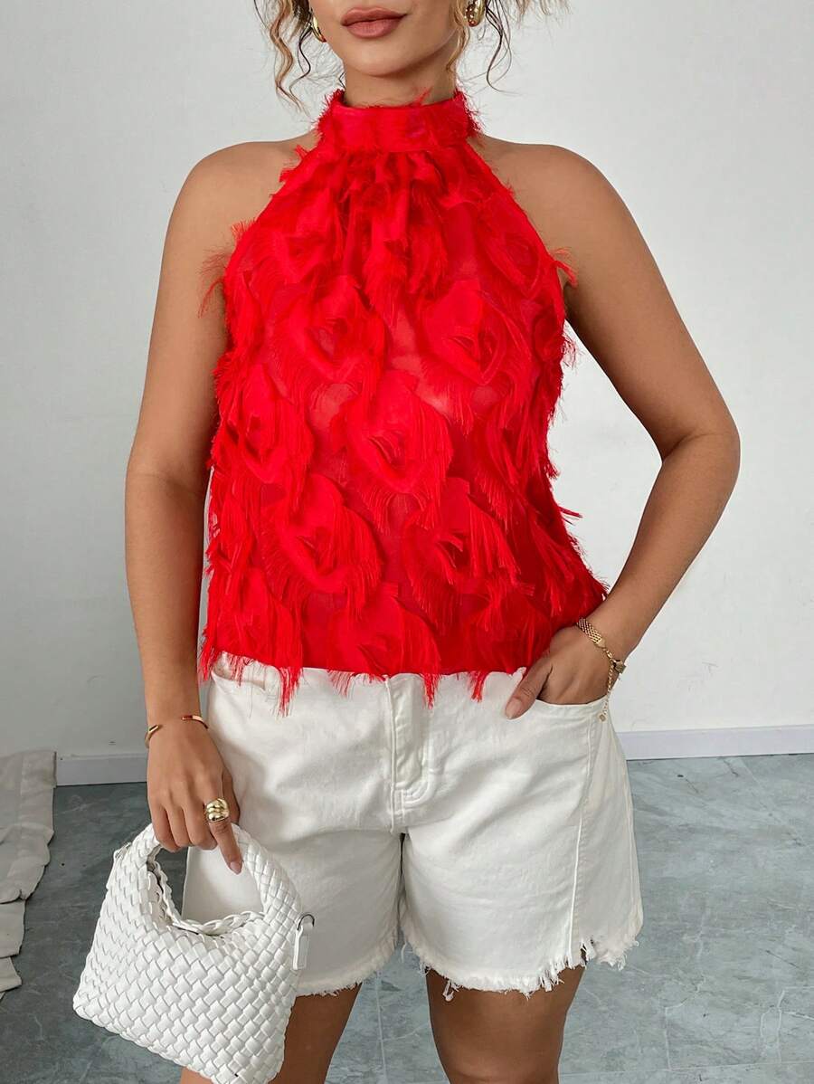 Celure Plus Size Solid Color Stand Collar Sleeveless Fringed Casual Camisole