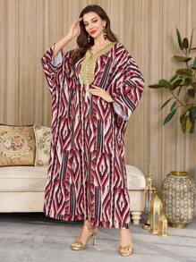 Al Najma Women Geometric Print Batwing Sleeve Loose Arabian Style Dress, Kaftan & Jalabiya - Multicolor - View 8