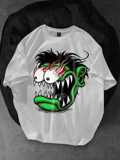 Manfinity EMRG 男士服装，怪诞，长嘴，鬼脸，卡通，超大，超大图案印花，圆领，短袖，休闲T恤，适合作为送给朋友和男朋友的礼物