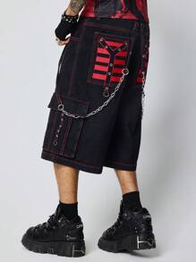 ROMWE MEN Grunge Punk Men's Punk Striped Cargo Pocket Wide Leg 3/4 Jeans Pants - Black - View 1