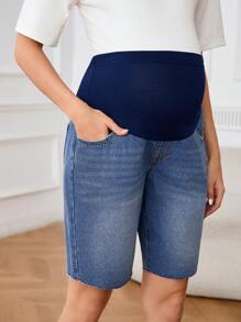 SHEIN Adjustable Waist Pregnancy Denim Shorts With Pockets, Casual