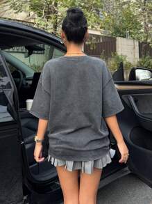 Muchica Women's Fashion Lip Print Distressed Washed Loose Boho T-Shirt - Black - View 2