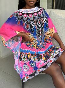 SHEIN Slayr Fluorescent Color Positioning Print Sexy Swimsuit, Spring Break Beach Dress Cover-Up With Short Sleeve