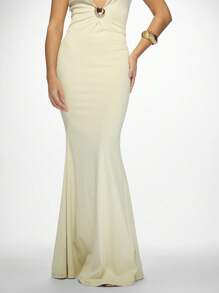 MISSGUIDED Elegant Plunge Neck Mermaid Evening Gown With Ring Detail Floor Length Special Occasion Formal Prom Wedding Guest Dress Holiday Party Ball - Yellow - View 5