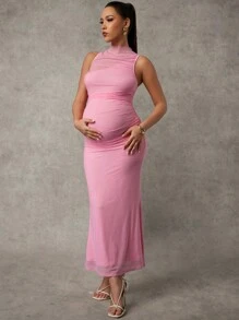 MaterniChic Slim Fit Solid Color Maternity Dress, Pink Dress - Pink - View 1