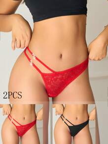 Set de 2 bragas tipo tanga simples, casuales y a la moda de encaje para mujer