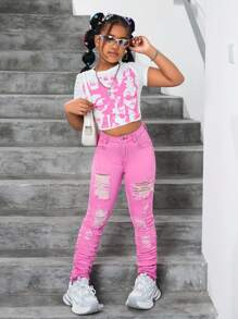 SHEIN Leggings de mezclilla rosa ajustados y rasgados de longitud hasta el tobillo con efecto amontonado, para niñas preadolescentes - Conjunto de ropa para primavera, verano, vacaciones y festivales